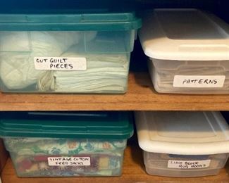 Cut quilt pieces, patterns, vintage cotton feed sacks, Lino Block rug hooks