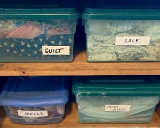 Quilting fabric, lace, shells, cross stitch Aida cloth