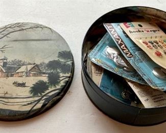 Country church winter scene metal tin; various sewing assundries