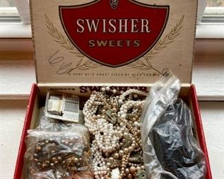 Vintage Swisher Sweets cigar box; sewing accents and assundries