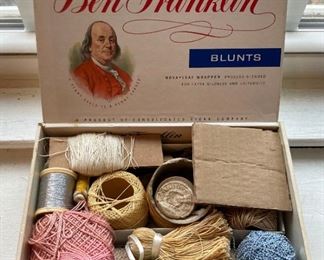 Vintage cigar box; assorted sewing notions