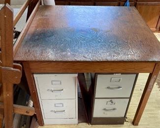 Vintage wooden table; two drawer filing cabinets
