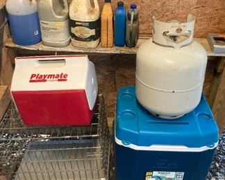 Playmate and Igloo coolers, propane tank, auto fluids