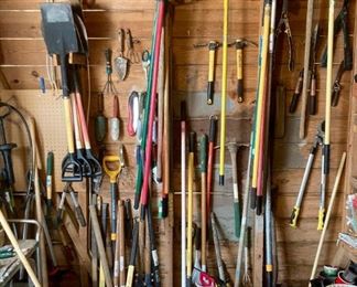 Assorted hand tools and garden tools, sprayers