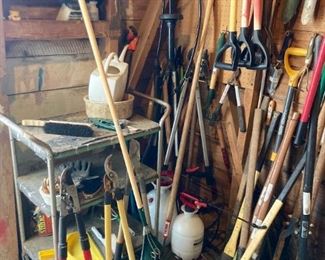 Assorted hand tools and garden tools, sprayers