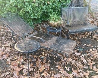 Wrought iron outdoor side table, chaise lounger and loveseat