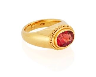 4
A Natural Orangy Red Spinel Ring
22k yellow gold; Stamped: 22k
Centering a bezel set oval mixed-cut orangy red spinel gauged at 10.65mm x 8.00mm x 6.12mm weighing approximately 4.00cts. with a GIA report dated November 4, 2022 stating natural orangy red spinel with no indications of heating
Ring size: 7.25
14.2 grams
Estimate: $3,000 - $5,000