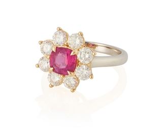 6
A Natural Burmese Pink Sapphire And Diamond Ring
Platinum & 18k yellow gold; Stamped: PT950 / 18k
Centering a cushion mixed-cut purplish pink sapphire measuring 6.58mm x 6.54mm x 3.84mm weighing 1.50cts. with a GIA report dated February 22, 2022 stating Burma (Myanmar) with no indications of heating and further set with a halo of eight round full-cut diamonds totaling approximately 1.75cts. in weight and graded G-H color and VS/SI clarity (0.50" Dia)
Ring size: 7
7.8 grams
Estimate: $6,000 - $8,000