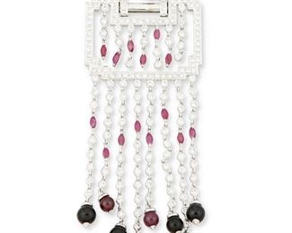 7
A Purple Sapphire, Ruby, Diamond And Onyx Sautoir Necklace
18k white gold; Stamped: 18k / D427 / 750 / S2148
Set with twenty-four purple sapphire beads each gauged from 4.4mm - 4.6mm in diameter totaling 21.48cts. in weight and accented with three hundred twenty round full-cut diamonds totaling approximately 4.27cts. in weight and graded G-H color and VS/SI clarity further accented by fourteen marquise-cut rubies totaling approximately 2.00cts. and finished with twenty-four barrel shaped onyx and suspending four onyx beads
1.375" W x 3.125" H x 34.0" L
55.6 grams
Estimate: $6,000 - $8,000
