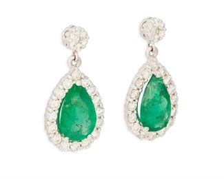 11
A Pair Of Emerald And Diamond Drop Earrings
18k white gold
Centering two pear-shaped emeralds each gauged at 12.5mm x 8.1mm x 4.9mm and 12.5mm x 8.2mm x 4.5mm totaling approximately 4.75cts. in combined weight and further accented by forty-six round full-cut diamonds totaling approximately 1.75cts. in weight and graded H-I color and VS/SI clarity
0.50" W x 1.0" H
6.4 grams
2 pieces
Estimate: $1,500 - $2,000