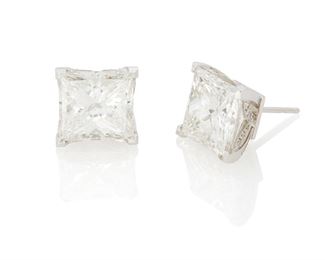 30
A Pair Of Princess-Cut Diamond Stud Earrings Worn By Erika Girardi
14k white gold; Stamped: Girardi / M M
Set with a rectangular modified brilliant-cut diamond weighing 6.01cts. with a GIA report dated October 20, 2022 stating G color and VS2 clarity; and a square modified brilliant-cut diamond weighing 6.57cts. with a GIA report dated October 20, 2022 stating G color and VS1 clarity; each set in 14k white gold mountings accented with an additional fifty-six round full-cut diamonds totaling approximately 0.20ct. in combined weight and graded F-G color and VS clarity
0.50" Dia
7.3 grams
2 pieces
Estimate: $250,000 - $350,000