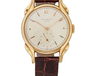 41
A Patek Philippe Gold Wristwatch
1953, 18k yellow gold <br /> Ref #2431
With a circular silvered dial with applied gilt baton hour markers, a black outer minute track and sub-seconds dial, signed Patek Philippe Geneve, with an 18 Jewel stem-wind and set movement, Cal: 12-400, No: 722724, lever escapement, bi-metallic compensation balance with precision compensation regulator, signed Patek Philippe & Co. Geneve, within an 18k yellow gold smooth polish case with stylized 'flame' lugs, signed Patek Philippe Geneve, Ref: 2431, Case No. #575094, hallmarked, with skin strap and 18k yellow gold buckle signed PP& Co., Hallmarked
Includes Extract from the Patek Philippe Archives
45mm x 39mm
50 grams
Estimate: $12,000 - $18,000