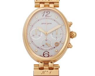 42
A Gerald Genta Gold Wristwatch
1990's, 18k rose gold <br /> Ref: GGM 59
An oval Guilloche mother-of-pearl dial with mauve/Bordeaux painted minute track and markers, luminous dot hour markers, three chronograph sub-dials, date aperture, signed Gerald Genta, luminous hands with a Jeweled quartz movement (not examined) within an oval 18k rose gold smooth polish case, signed hinged lugs, signed Gerald Genta / GGM 59 / No. 1, hallmarked, skin strap with an 18k gold buckle
42mm x 33mm
88 grams
Estimate: $3,000 - $5,000