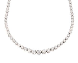 52
A Diamond Necklace
18k white gold; Stamped: D3030 / K18
Set with one hundred thirty-five round full-cut diamonds totaling approximately 4.50cts. in weight and graded H-J color and SI/I clarity
16.50" L
17.6 grams
Estimate: $3,000 - $5,000