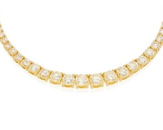 63
A Diamond Necklace
14k yellow gold; Stamped: 14k
Set with one hundred sixty round full-cut diamonds graduating in size totaling 9.76cts. in combined weight and graded M+ in color and VS1-SI2 in clarity
17.25" L
17.5 grams
Estimate: $4,000 - $6,000