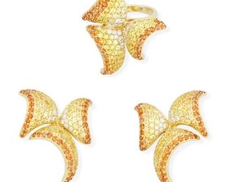 
Back to catalog
68
A Set Of Orange Sapphire, Yellow Sapphire And Diamond Flower Jewelry
18k yellow gold; Stamped: 18k / 750 / Maker's mark
Including a pair of earrings set with two hundred thirty-six round mixed-cut yellow and orange sapphires totaling approximately 8.60cts. in weight accented with thirty-six round full-cut diamonds totaling approximately 1.00ct. in weight and graded F-G color and VS clarity with posts and omega clip backings (1.125" W x 1.50" H) with a matching ring set with one hundred eighteen round mixed-cut yellow and orange sapphires totaling approximately 4.40cts. in weight and eighteen round full-cut diamonds totaling approximately 0.50ct. in weight and graded F-G color and VS clarity (1.125" W x 1.50" H)
Ring size: 6
34.1 grams
3 pieces
Estimate: $4,000 - $6,000