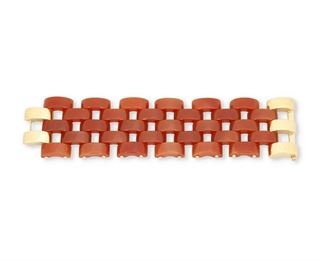 73
A Carnelian And Gold Bracelet
18k yellow gold
Designed with rectangular carnelian brick links finished with an 18k yellow gold clasp
1.625" W x 7.0" L
104.8 grams
Estimate: $4,000 - $6,000