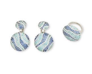 78
A Set Of Paraiba Tourmaline, Sapphire And Diamond Jewelry
18k white gold; Each stamped: 750
Including a pair of circular drop earrings set with one hundred forty-eight round mixed-cut paraiba tourmalines totaling approximately 5.50cts. in weight with a GIA report dated October 7, 2022 stating the origin as Brazil and further set with one hundred fifty-six round mixed-cut sapphires totaling approximately 7.00cts. and one hundred thirty-seven round full-cut diamonds totaling approximately 1.85cts. in weight and graded F-G color and VS clarity with retractable posts and omega clip backings (1.125" W x 1.75" H) with a matching circular dome ring set with fifty-six round mixed-cut paraiba tourmalines totaling approximately 2.40cts. with a GIA report dated October 7, 2022 stating the origin as Brazil and further set with fifty-six round mixed-cut sapphires totaling approximately 2.65cts. and ninety-four round full-cut diamonds totaling approximately 1.85cts. and graded F-G color and VS cl