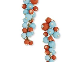 82
A Pair Of Coral, Turquoise And Diamond Ear Pendants
18k yellow and white gold; Stamped: 750
Designed as a stylized tassel of round coral and turquoise beads graduating in size from 9.5mm - 5.5mm in diameter accented with eight round full-cut diamonds totaling 0.51ct. in combined weight and graded H-J color and SI clarity
0.75" W x 2.375" H
31.4 grams
2 pieces
Estimate: $4,000 - $6,000