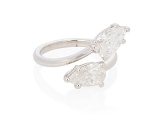 83
A Diamond "Moi Et Toi" Ring
Platinum; Stamped: Plat
Set with a pear-shaped diamond weighing 1.23cts. with a GIA report dated October 11, 2016 stating D color and VS2 clarity and a pear-shaped diamond weighing 0.96ct. with a GIA report dated November 4, 2020 stating G color and SI2 clarity (0.625" H)
Ring size: 6
6.6 grams
Estimate: $10,000 - $15,000