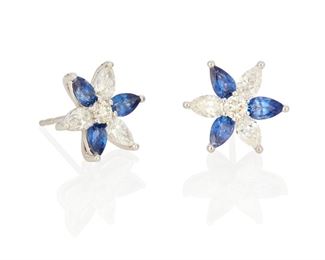 88
A Pair Of Sapphire And Diamond Flower Earrings
Platinum; Stamped: PT950
Centering two round full-cut diamonds totaling 0.28ct. in weight and six pear shaped diamonds totaling 1.16cts. in weight and each graded H-I color and SI clarity alternating with six pear shaped sapphires totaling 1.73cts. in weight
0.50" Dia
5.9 grams
2 pieces
Estimate: $2,500 - $3,500