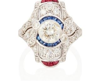 92
A Sapphire, Ruby And Diamond Ring
18k white gold; Stamped: 18k
Centering a bezel set 1.18cts. round full-cut diamond graded I-J color and SI2 clarity surrounded by twenty-eight round full-cut diamonds totaling approximately 0.50ct. and graded H-I color and SI clarity further accented by twelve calibre-cut sapphires and six calibre-cut rubies
Ring size: 7
5.9 grams
Estimate: $2,500 - $3,500