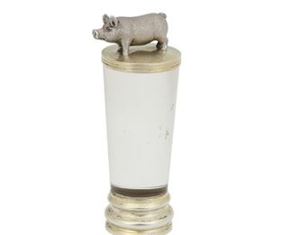 93
A Crystal And Silver Wax Seal
20th century, silver
A crystal cylindrical body with silver mounts and a finial in the form of a hog/pig/swine
3.5" H
#7531
Estimate: $500 - $700