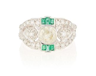 100
An Emerald And Diamond Ring
18k white gold; Stamped: 18k
Centering a bezel set round full-cut diamond gauged at 1.00ct. and graded L-M color and I2 clarity surrounded by thirty-two round full-cut diamonds totaling approximately 0.70ct. in weight and graded H-I color and SI clarity further set on the top and bottom of the ring with six calibre-cut emeralds
Ring size: 7
5.3 grams
Estimate: $2,000 - $3,000