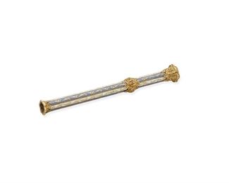 103
A Gold And Enamel Pencil/Seal
Late 19th century, 18k yellow gold
A gold body with celeste blue and white enamel decoration with an intaglio carved seal at one end and retractable pencil at the other
3.75" L
#7510
Estimate: $1,000 - $1,500