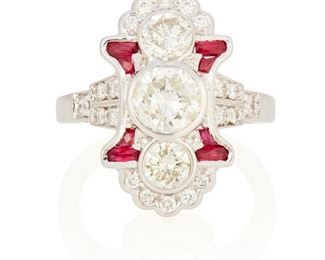 106
A Ruby And Diamond Three Stone Ring
18k white gold; Stamped: 18k
Centering a bezel set round full-cut diamond weighing 1.06cts. and graded J-K color and I1 clarity and flanked on the top and bottom by two round full-cut diamonds totaling 0.87ct. in combined weight and each graded J-K color and I1 clarity further surrounded by twenty round full-cut diamonds totaling approximately 0.30ct. and graded H-I color and SI clarity and additionally set with eight small calibre-cut rubies
Ring size: 7
7.2 grams
Estimate: $2,500 - $3,500