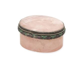 107
A Rose Quartz Vanity Box
20th century, silver
An oval rose quartz body with an enameled silver hinged bezel/mount
1.5" H x 2.675" L x 2.25" D
#7495
Estimate: $400 - $600