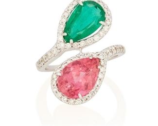 110
A Pink Tourmaline, Emerald And Diamond Ring
18k white gold; Stamped: 750
A crossover ring comprising a pear mixed-cut pink tourmaline weighing 2.78cts. with a GIA report dated September 13, 2022 stating the species is tourmaline and a pear mixed-cut emerald with a GIA report dated September 13, 2022 stating the variety is emerald with moderate clarity enhancement (F2) further accented by fifty-four round full-cut diamonds totaling approximately 0.90ct. in weight and graded G-H color and SI clarity (1.0" H)
Ring size: 6.5
6.9 grams
Estimate: $1,000 - $1,500