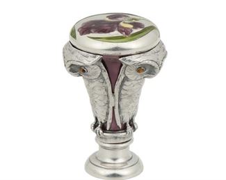 121
A French Silver Wax Seal
Late 19th/early 20th century, silver
Knob style silver body, enameled overlay with iris decorated handle flanked with three owls, hallmarked, impressed G.A.S., L. Couplet Bruxelles
2.75" H
#7517
Estimate: $800 - $1,200