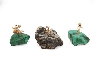 125
A Group Of Three Figures By Setay
Late 20th century; 14k yellow gold; Each stamped: 14k / Setay
Including a 14k yellow gold figure with bull accented with two small sapphire eyes set atop carved malachite (92.3 grams), a 14k yellow gold standing figure with two small sapphire eyes set atop carved malachite (109.0 grams) and a 14k yellow gold mouse figure accented with two small ruby eyes set atop a quartz geode (206.7 grams)
Largest: 2.5" W X 2.25" L x 2.25" H
3 pieces
Estimate: $1,500 - $2,500