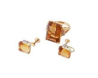 131
A Set Of Retro Citrine And Diamond Jewelry
14k yellow gold
Including a cocktail ring centering a rectangular step-cut citrine gauged at 20.7mm x 15.1mm x 10.3mm accented with four round full-cut diamonds totaling approximately 0.28ct. (Ring size: 6.25) with matching screw back earrings set with two rectangular step-cut citrine and four round full-cut diamonds totaling approximately 0.20ct. (0.375" Dia)
20 grams
3 pieces
Estimate: $500 - $700