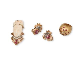 132
Three Retro Synthetic Ruby And Diamond Jewelry Items
14k rose gold and white gold
Including a bombe style ring centering one round full-cut diamond gauged at 0.05ct. and accented with twelve round mixed-cut synthetic rubies each gauged at 2.5mm in diameter (0.75" H; ring size: 4.75; 13.0 grams), a pair of ear clips centering eight single-cut diamonds totaling approximately 0.25ct. in weight and graded I-J color and I clarity and a cluster of twelve round mixed-cut synthetic rubies (0.75" W x 0.875: H; 13.2 grams) and a brooch/pendant featuring a carved coral figure gauged at 16.5mm x 33mm accented with six single-cut diamonds totaling approximately 0.12ct. in weight and two round mixed-cut synthetic rubies gauged at 3mm and 4.2mm (0.875" x 1.75" H; 11.8 grams)
4 pieces
Estimate: $1,200 - $1,800