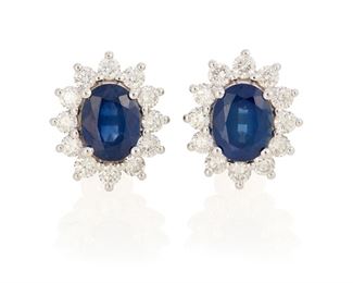137
A Pair Of Sapphire And Diamond Cluster Earrings
18k white gold; Stamped: 750
Set with two oval mixed-cut sapphires each gauged at approximately 8mm x 6mm totaling 3.35cts. in combined weight and further surrounded by twenty-four round full-cut diamonds totaling 1.22cts. in weight and graded H-I color and SI clarity
0.50" W x 0.625" H
6.0 grams
2 pieces
Estimate: $3,000 - $5,000