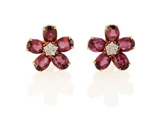 143
A Pair Of Purple Sapphire And Diamond Flower Ear Clips
18k yellow and white gold; Stamped: 18k / 750
Set with ten oval mixed-cut purple sapphires each gauged at 7.9mm x 5.8mm x 3.4mm totaling approximately 12.00cts. in combined weight and centering twelve round full-cut diamonds totaling approximately 0.50ct. in weight and graded G-H color and VS clarity with omega clip backings
0.75" Dia
9.2 grams
2 pieces
Estimate: $600 - $800