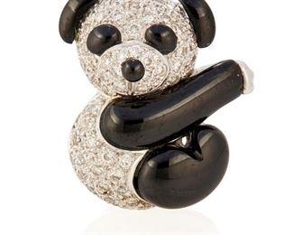 144
A Diamond And Onyx Panda Pendant/Brooch
18k white gold
Comprising of carved black onyx accented with fifty-four pave set round full-cut diamonds totaling approximately 0.25ct. in weight and each graded G-H color and VS clarity
0.625" W x 0.75" H
6.9 grams
Estimate: $500 - $700
