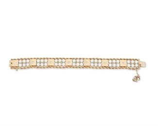 150
A Cultured Pearl And Diamond Bracelet
14k yellow gold; Stamped: 14k
Set with forty-two round cultured pearls each gauged from 5mm - 5.5mm in diameter and further set with six single-cut diamonds totaling approximately 0.18ct. in weight and graded G-H color and VS clarity
0.625" W x 7.0" L
39.8 grams
Estimate: $800 - $1,200