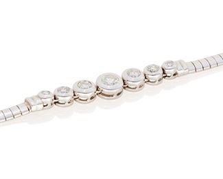 156
A Diamond Bracelet
14k white gold; Stamped: RCI14k
Featuring seven bezel-set round full-cut diamonds graduating in size and totaling approximately 1.30cts. in combined weight and graded I-J color and SI clarity
0.3125" W x 6.75" L
10.8 grams
Estimate: $600 - $800