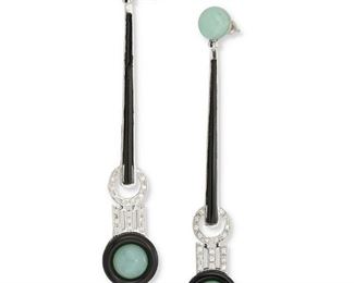 159
A Pair Of Chyrsoprase, Black Enamel And Diamond Ear Pendants
14k white gold; Stamped: 585
Set with four cabochon chrysoprase each gauged at 8mm in diameter further set with thirty-eight round full-cut diamonds totaling approximately 0.20ct. in weight and each graded H-I color and SI clarity and accented with black enamel
0.50" W x 3.0" H
10.8 grams
2 pieces
Estimate: $600 - $800