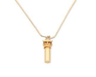 161
A Pendant Necklace
18k and 14k yellow gold; Stamped: K18 / 14k / Italy
Including an 18k yellow gold ornamental pendant topped with a simulated golden pearl gauged at 7.7mm (0.50" W x 1.50" H) on a detachable 14k yellow gold thin neck chain (18.0" L)
18k: 6.7 grams; 14k: 4.6 grams
2 pieces
Estimate: $400 - $600