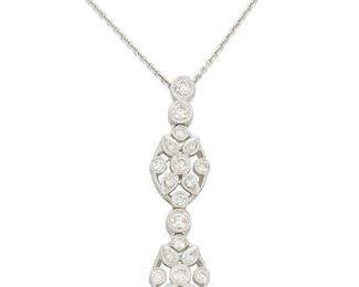 169
A Diamond Pendant Necklace
18k white gold; Variously stamped: 18k / 750 / TT / Italy
Comprising of twenty-one round full-cut diamonds totaling approximately 1.25cts. in weight and graded G-H color and VS clarity suspended on a detachable neck chain (18.0" L)
0.375" W x 1.50" H
6.6 grams
2 pieces
Estimate: $500 - $700