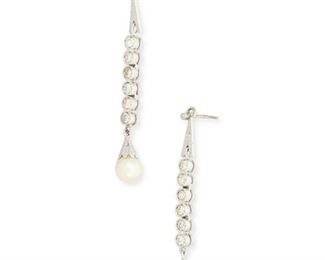 174
A Pair Of Cultured Pearl And Diamond Drop Earrings
18k white gold
Lined with twelve round full-cut and old European-cut diamonds totaling approximately 1.75cts. in weight and graded K-M color and SI2/I2 clarity each ending with a cream cultured pearl gauged at 6.5mm
0.25" W x 2.0" H
5.6 grams
2 pieces
Estimate: $800 - $1,200