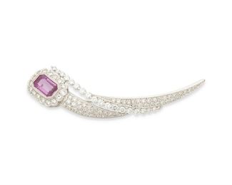 187
A Pink Sapphire And Diamond Brooch/Pendant
18k white gold
Set with a bezel set rectangular step-cut pink sapphire gauged at 9.9mm x 6.5mm x 3.6mm weighing approximately 2.45cts. and further set with eighty-four round full-cut diamonds totaling approximately 3.00cts. in weight and graded G-H color and SI clarity
2.75" W x 0.625" W
11.5 grams
Estimate: $1,200 - $1,800