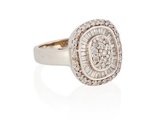 189
A Diamond Ring
14k white gold
Set with forty-five round full and single-cut diamonds totaling approximately 0.70ct. and further set with thirty-five baguette and tapered baguette-cut diamonds totaling approximately 0.50ct. in weight each graded I-J color and I clarity
Ring size: 8
9.4 grams
Estimate: $500 - $700