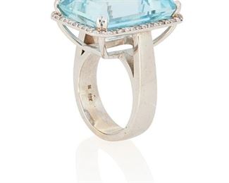 197
An Aquamarine And Diamond Ring
18k white gold; Stamped: 18k
Centering a rectangular step-cut aquamarine gauged at 20.6mm x 15.9mm x 9.9mm weighing approximately 23cts. and surrounded by fifty round full-cut diamonds totaling approximately 0.75ct. in weight and graded H-I color and SI clarity (0.75" W x 0.875" H)
Ring size: 6.75
18.9 grams
Estimate: $2,000 - $3,000