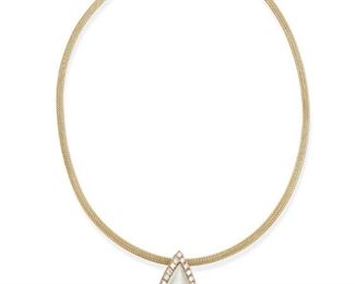 199
A Mabe Pearl And Diamond Necklace
14k yellow gold; Chain stamped: Italy / 14k / H
Centering a pear shaped mabe cultured pearl gauged at 23mm x 14mm x 7mm surrounded by twenty-seven round full-cut diamonds totaling approximately 1.40cts. and graded G-H color and VS clarity suspended on a round woven neck chain (15.5" L)
0.75" W x 1.25" H
Pendant: 6.2 grams; Chain: 10.2 grams
2 pieces
Estimate: $1,000 - $1,500