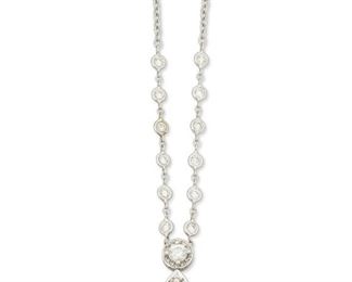 208
A Diamond Necklace
18k white gold; Stamped: 18k / 750
Centering a pear-shaped diamond gauged at 0.20ct. topped with a round full-cut diamond gauged at 0.20ct. and further set with an additional thirty-eight round full-cut diamond lining the pendant and twelve collet set diamonds lining the attached necklace all with a total approximate weight of approximately 0.55ct. and graded H-I color and SI clarity
0.3125" W x 0.625" H x 16.0" L
5.2 grams
Estimate: $500 - $700